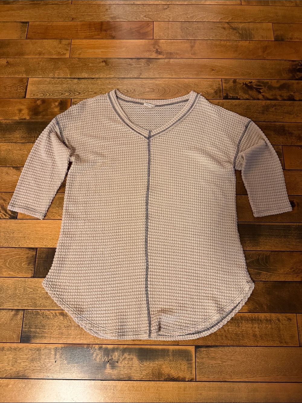 Cozy Waffle Knit V-Neck Top - Taupe